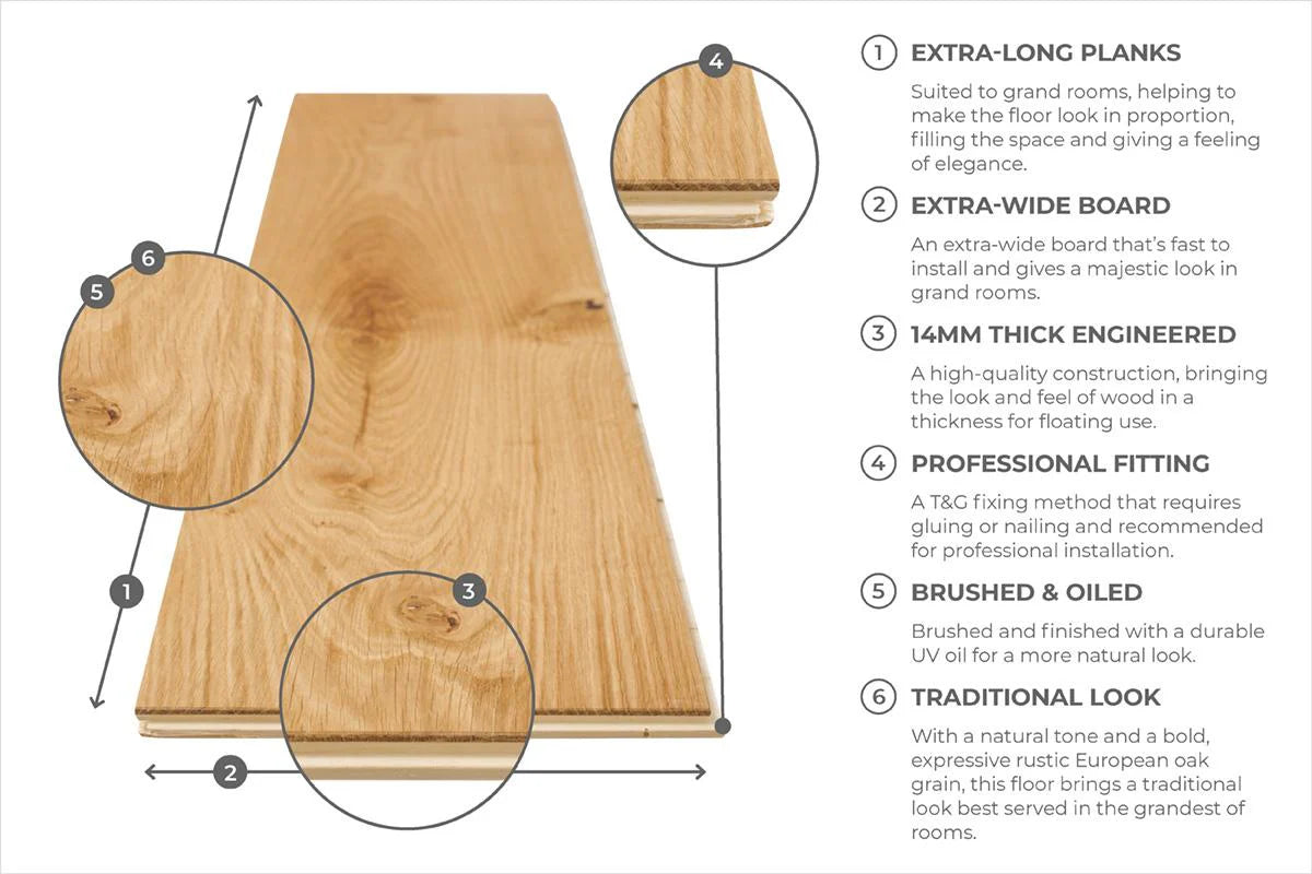 Galleria Professional Engineered European Rustic Oak Flooring 14mm x 240mm Natural Brushed & Oiled