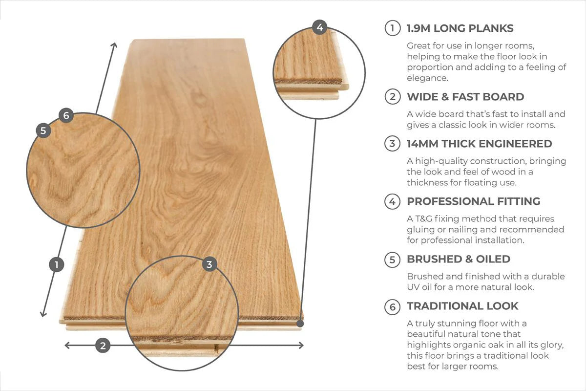 Galleria Professional Engineered European Rustic Oak Flooring 14mm x 190mm Natural Brushed & Oiled