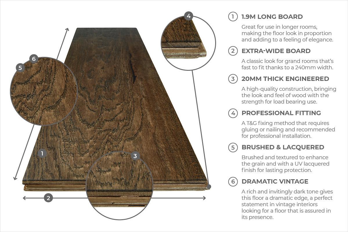 Galleria Professional Engineered European Rustic Oak Flooring 20mm x 240mm Deep Forest Brown Lacquered