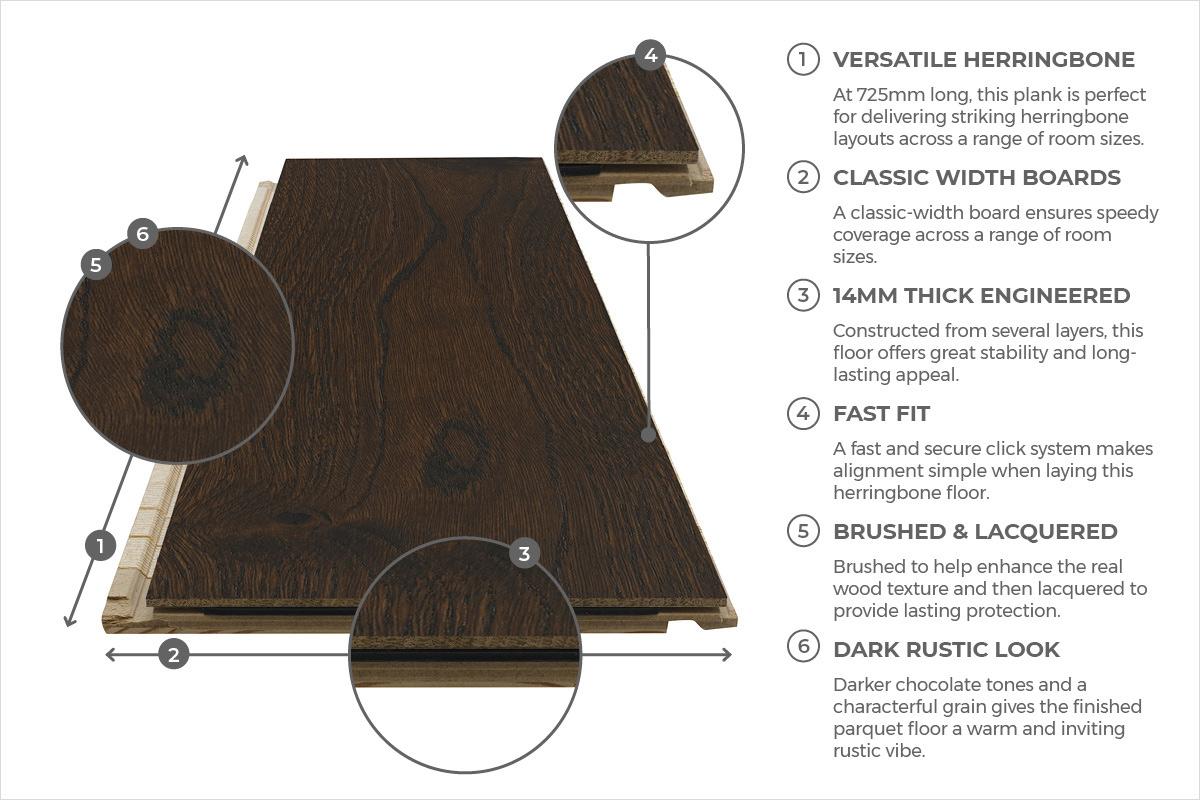Home Choice Herringbone Engineered Rustic Oak Flooring 14mm x 130mm Marsala Brushed & Lacquered