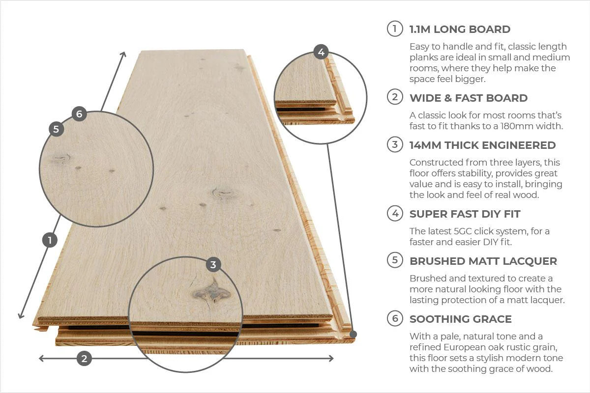Home Choice Engineered European Rustic Oak Flooring 14mm x 180mm Alabaster Lacquered