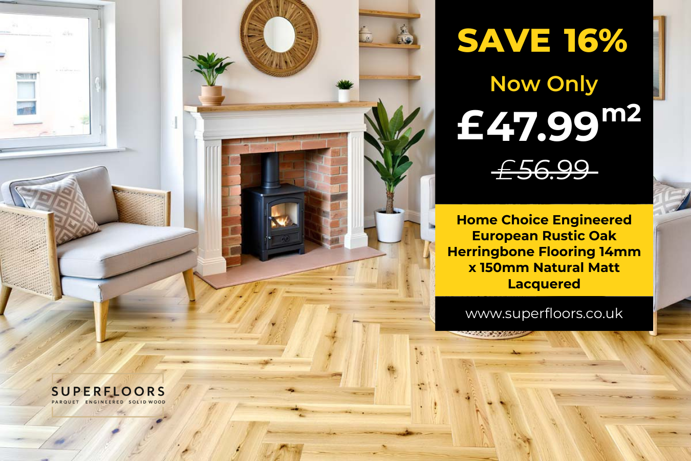 Home Choice Engineered European Rustic Oak Herringbone Flooring 14mm x 150mm Natural Matt Lacquered