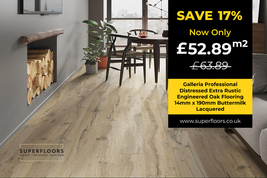 Galleria Professional Distressed Extra Rustic Engineered Oak Flooring 14mm x 190mm Buttermilk Lacquered