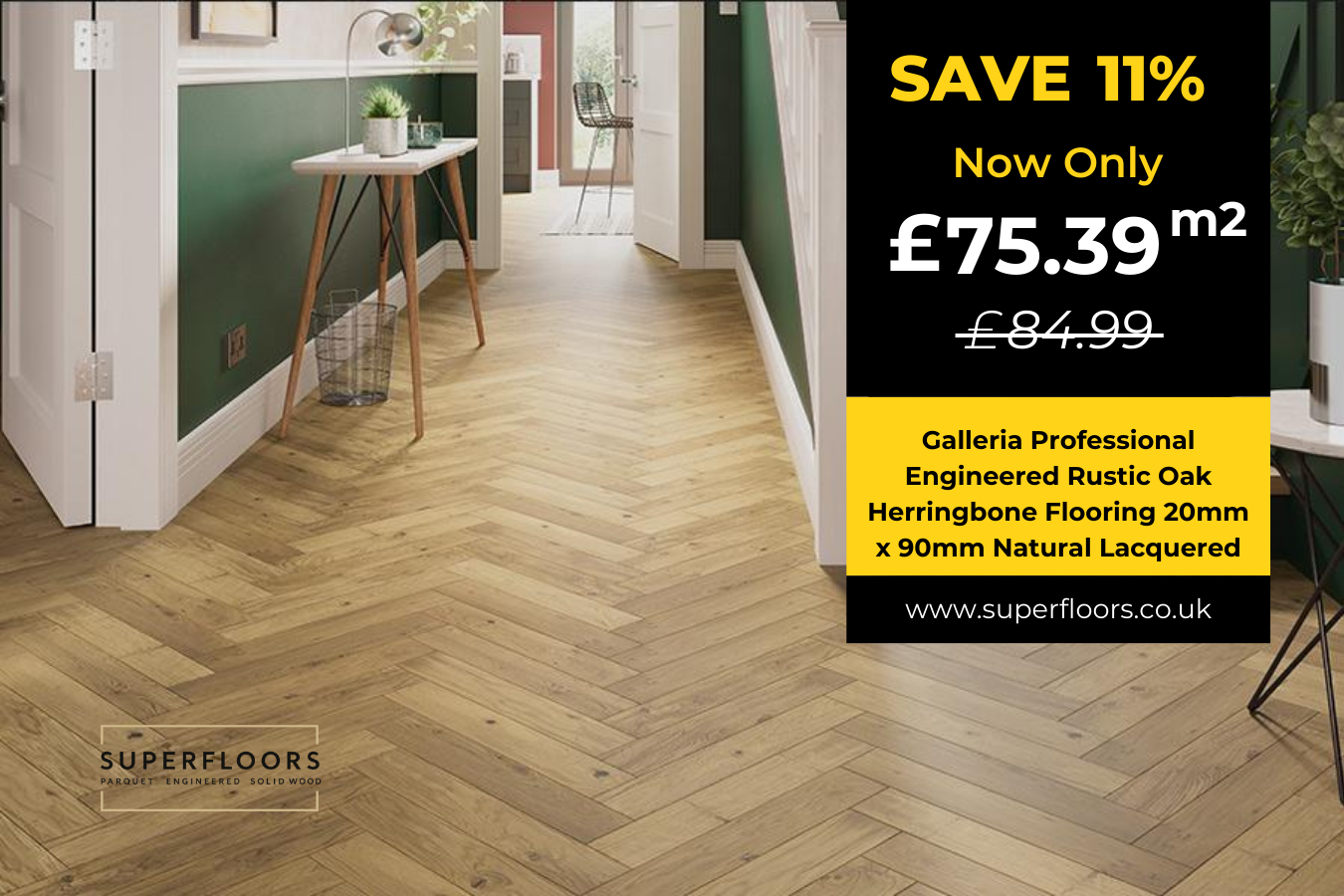 Galleria Professional Engineered Rustic Oak Herringbone Flooring 20mm x 90mm Natural Lacquered