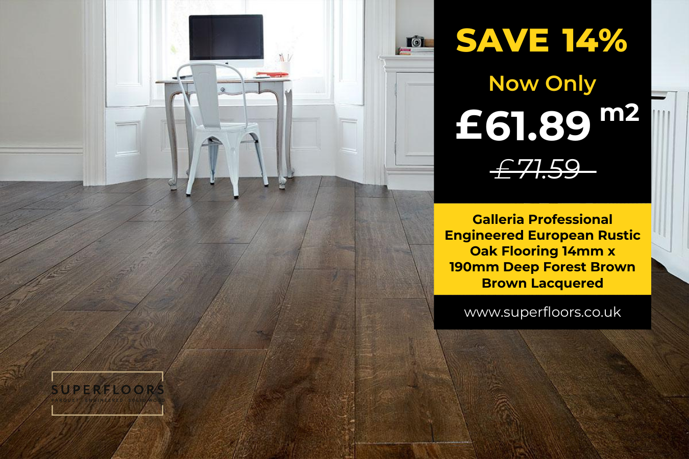 Galleria Professional Engineered European Rustic Oak Flooring 14mm x 190mm Deep Forest Brown Brown Lacquered