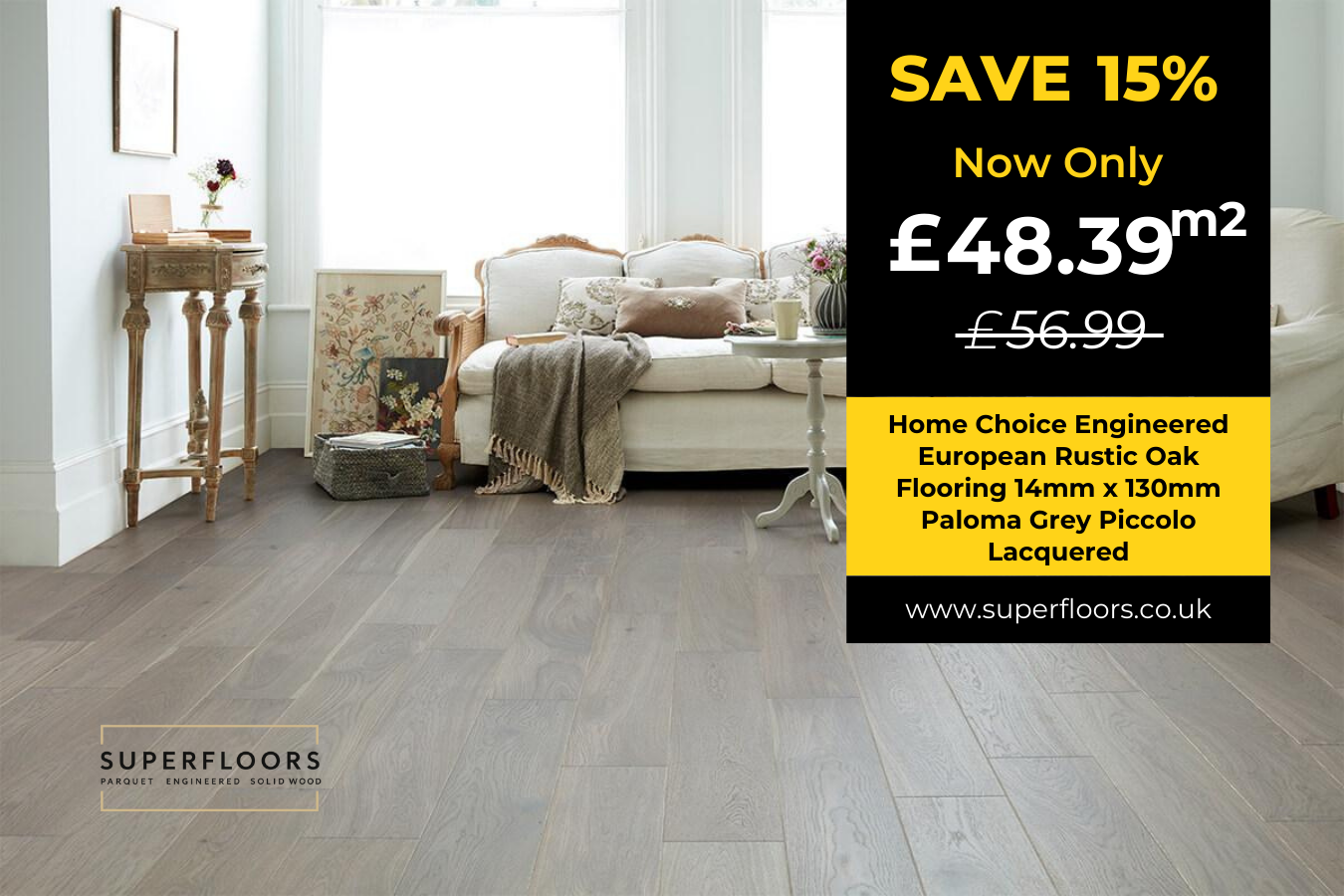 Home Choice Engineered European Rustic Oak Flooring 14mm x 130mm Paloma Grey Piccolo Lacquered