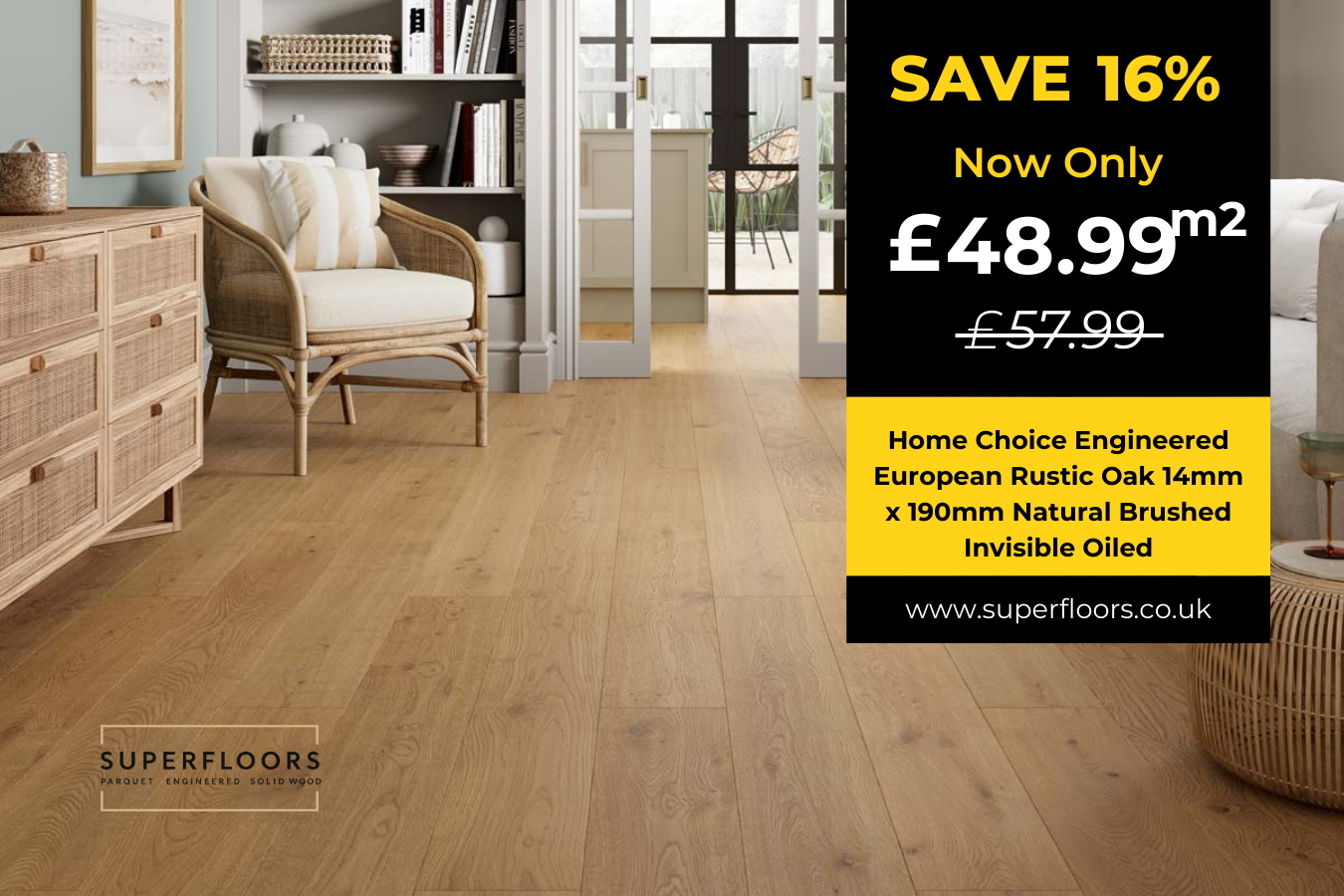 Home Choice Engineered European Rustic Oak 14mm x 190mm Natural Brushed Invisible Oiled