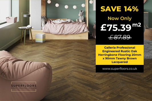 Galleria Professional Engineered Rustic Oak Herringbone Flooring 20mm x 90mm Tawny Brown Lacquered