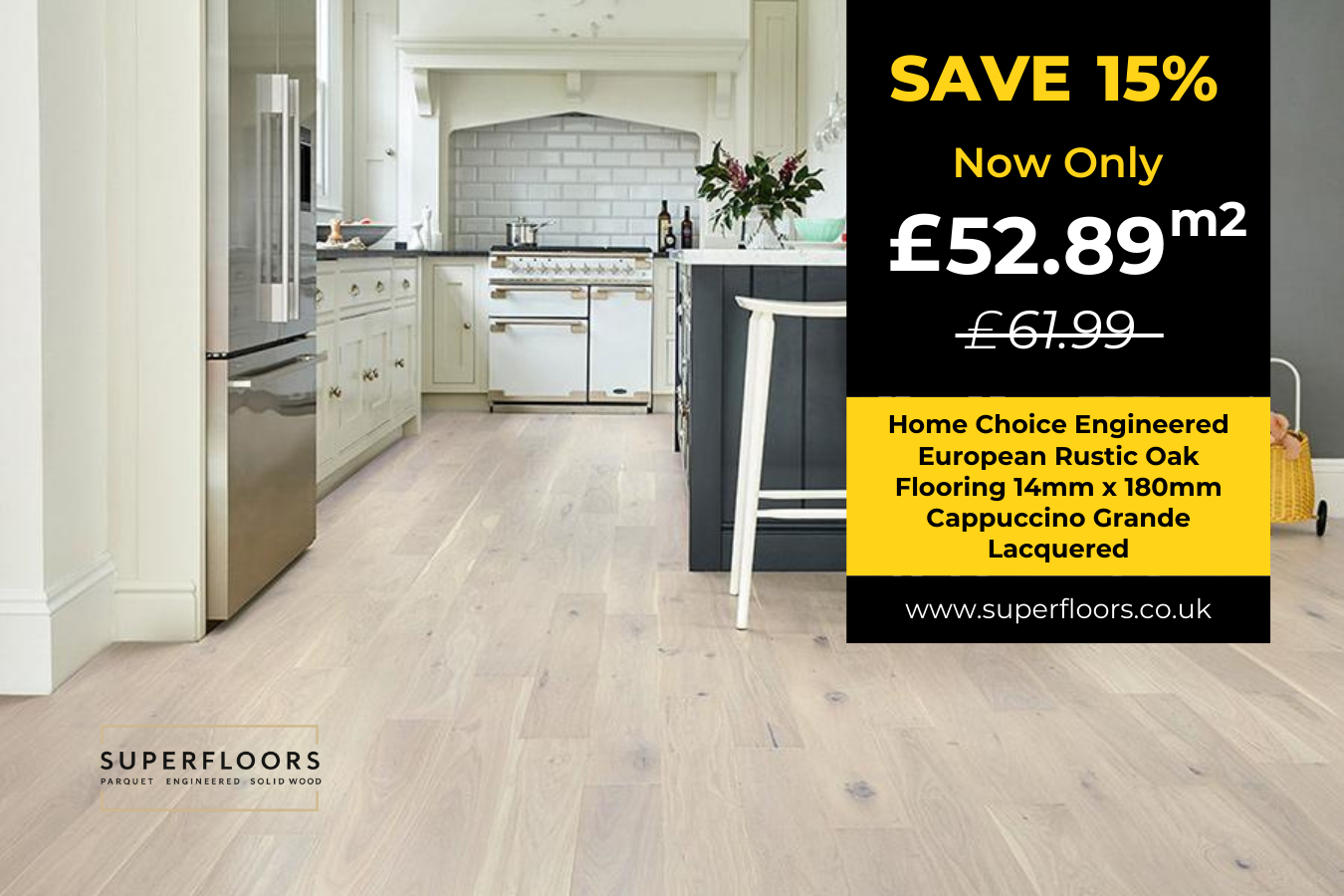 Home Choice Engineered European Rustic Oak Flooring 14mm x 180mm Cappuccino Grande Lacquered