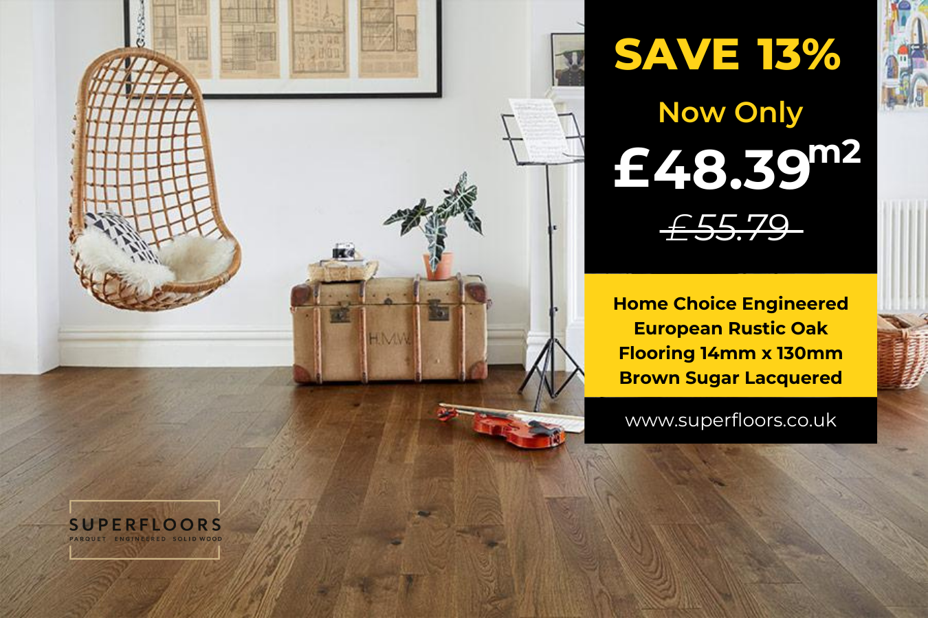 Home Choice Engineered European Rustic Oak Flooring 14mm x 130mm Brown Sugar Lacquered
