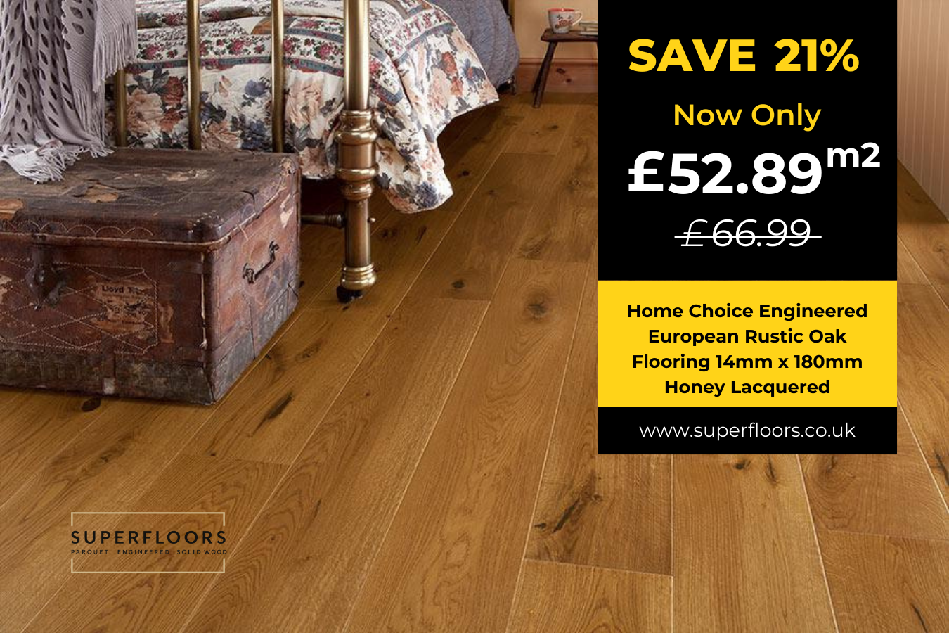 Home Choice Engineered European Rustic Oak Flooring 14mm x 180mm Honey Lacquered
