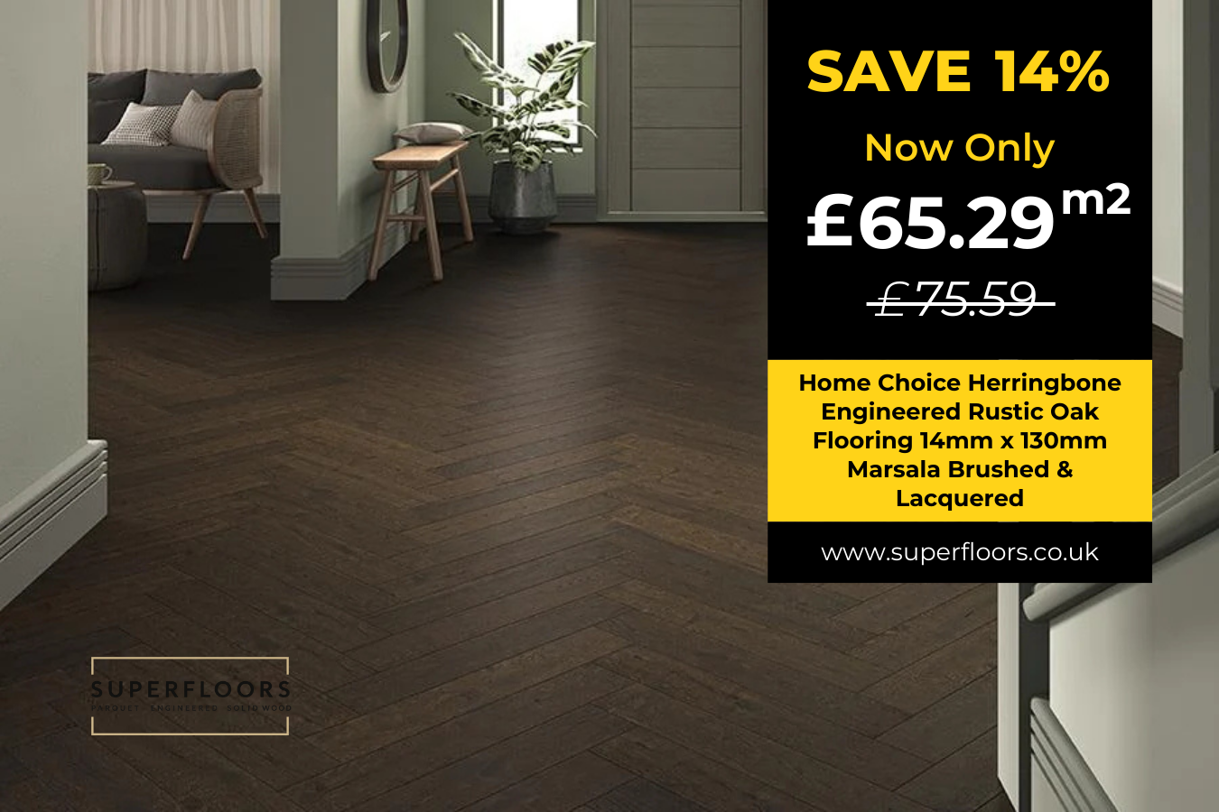 Home Choice Herringbone Engineered Rustic Oak Flooring 14mm x 130mm Marsala Brushed & Lacquered