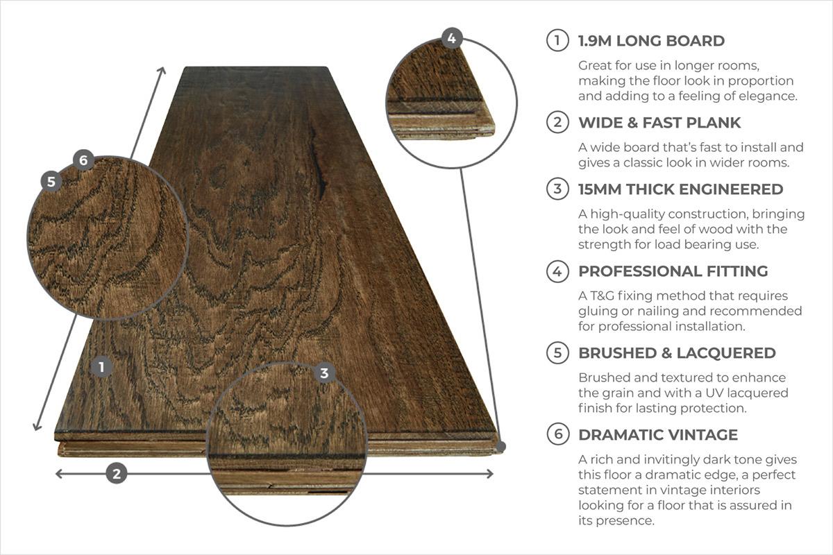 Galleria Professional Engineered European Rustic Oak Flooring 14mm x 190mm Deep Forest Brown Brown Lacquered