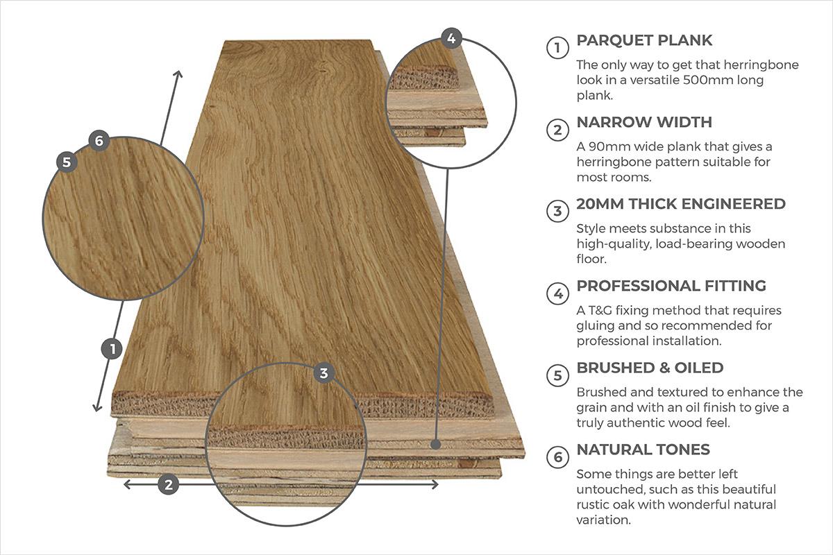 Galleria Professional Engineered Rustic Oak Herringbone Flooring 20mm x 90mm Natural Brushed & Oiled