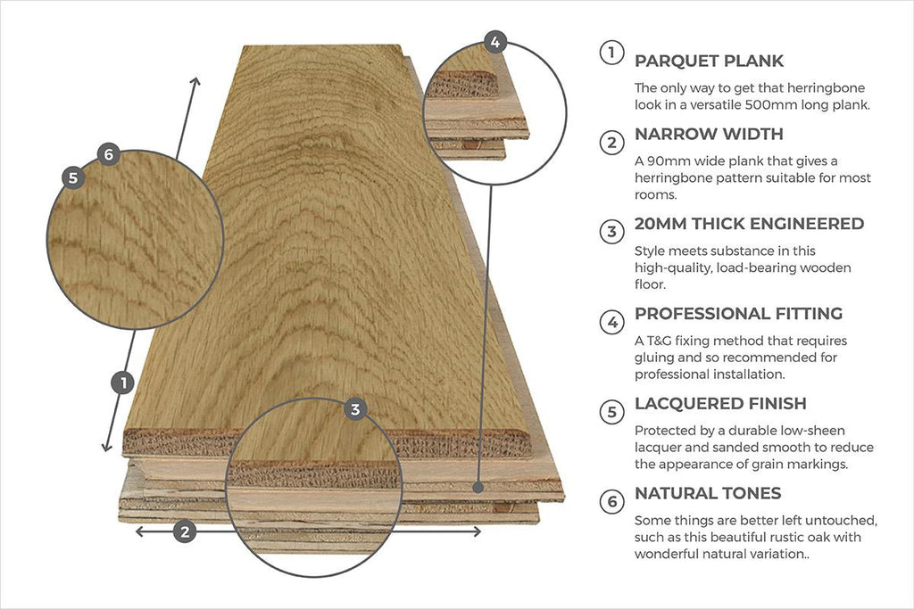 Galleria Professional Engineered Rustic Oak Herringbone Flooring 20mm x 90mm x 500mm Natural Lacquered