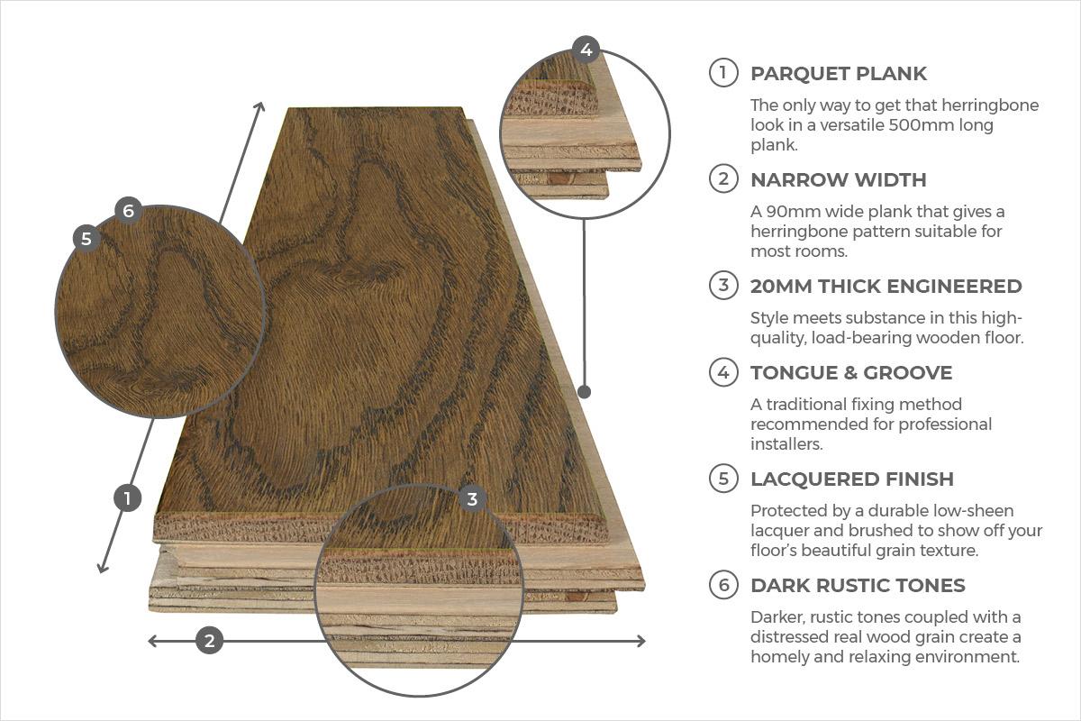 Galleria Professional Engineered Rustic Oak Herringbone Flooring 20mm x 90mm Tawny Brown Lacquered