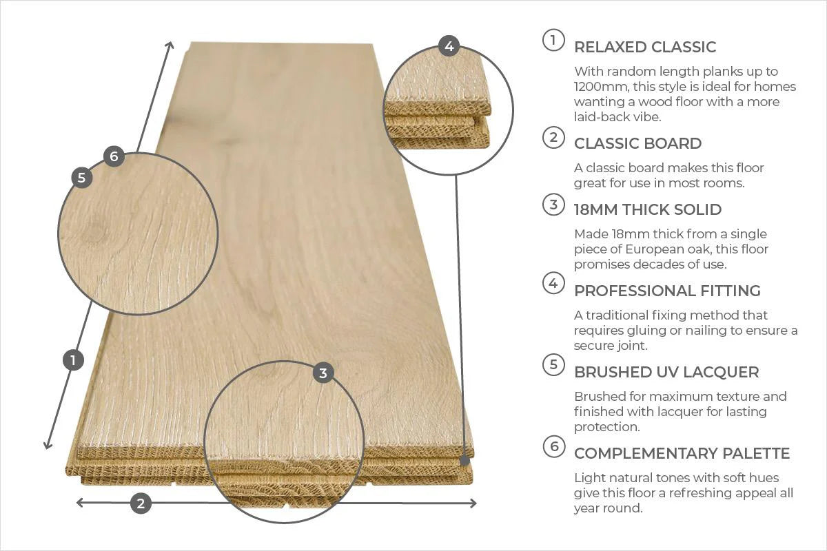 Galleria Professional Solid European Rustic Oak Flooring 18mm x 150mm Linen Brushed & Lacquered
