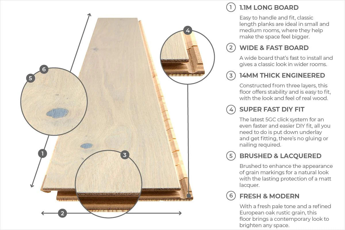 Home Choice Engineered European Rustic Oak Flooring 14mm x 180mm Cappuccino Grande Lacquered