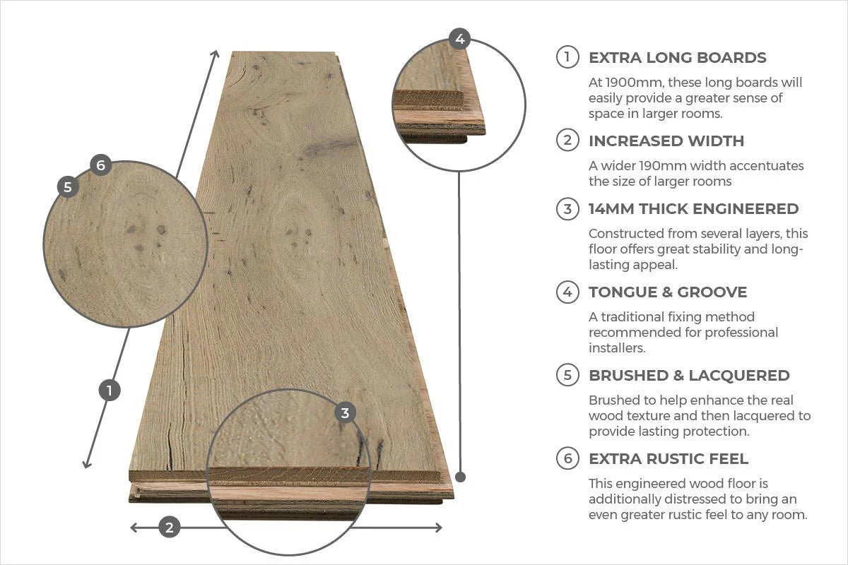 Galleria Professional Distressed Extra Rustic Engineered Oak Flooring 14mm x 190mm Buttermilk Lacquered