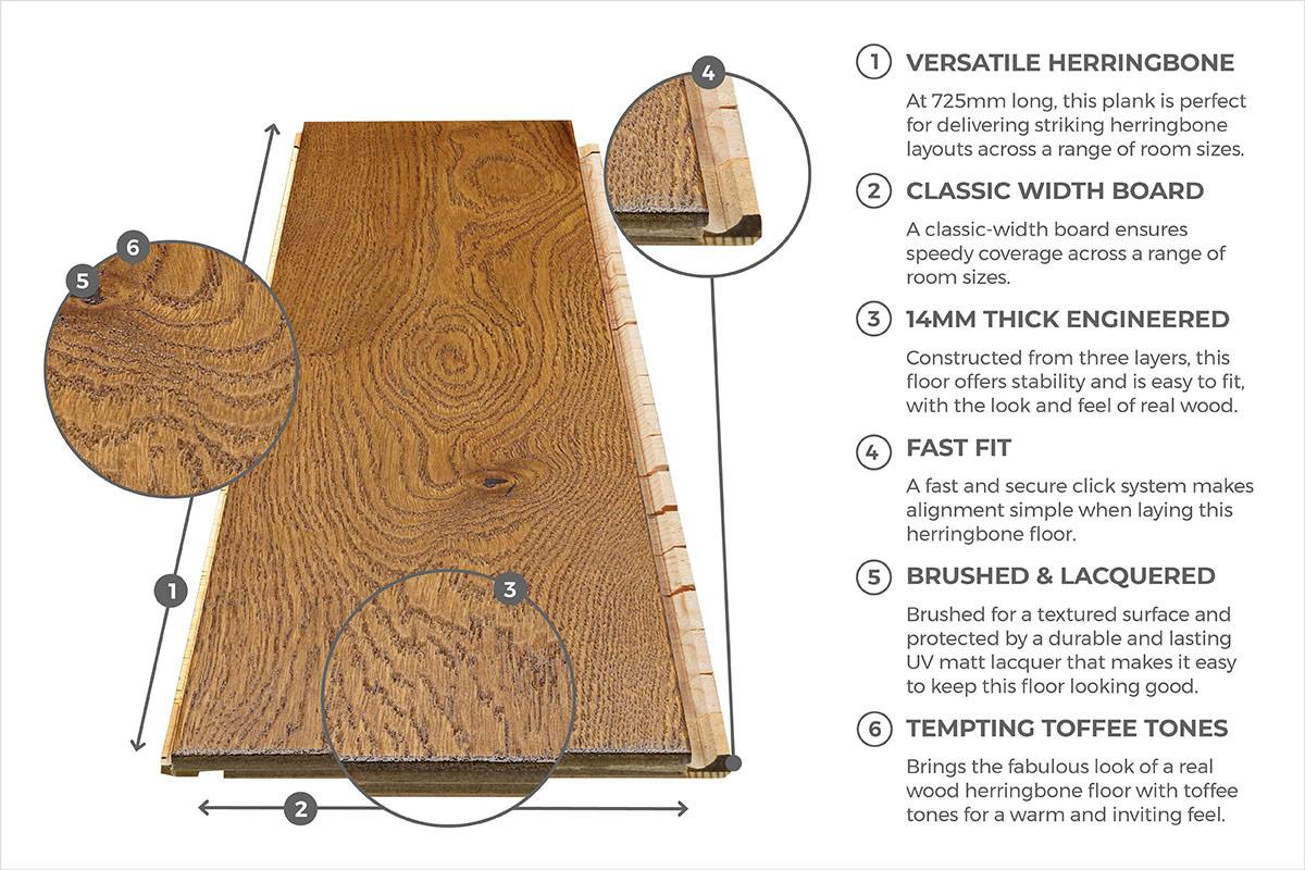 Home Choice Herringbone Engineered European Rustic Oak Flooring 14mm x 130mm Brown Sugar Lacquered