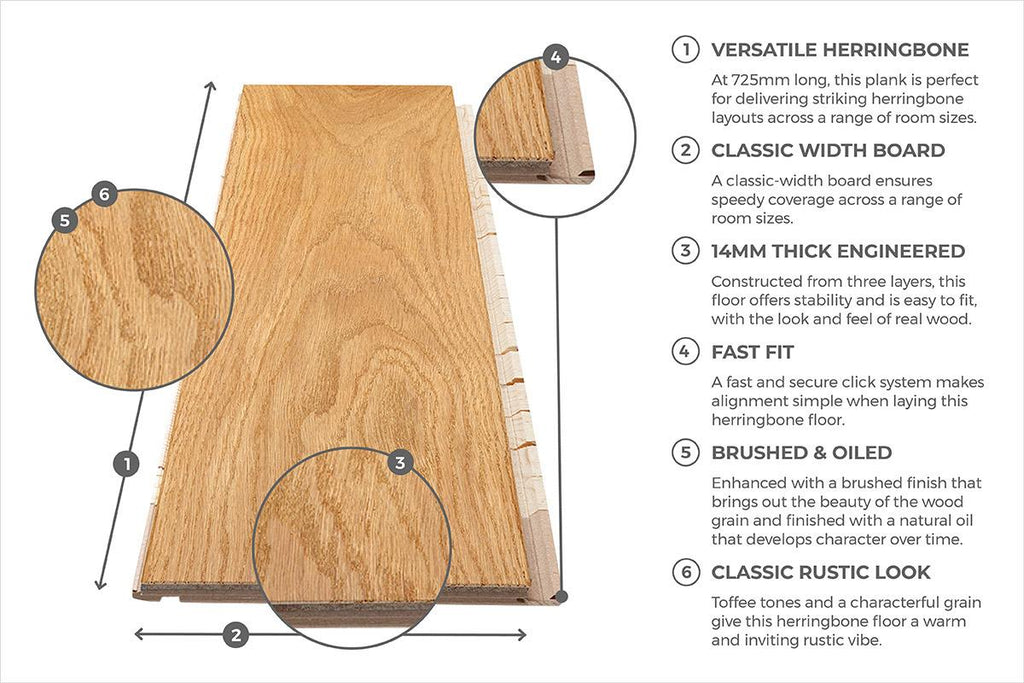 Home Choice Herringbone Engineered European Rustic Oak Flooring 14mm x 130mm x 725mm Toffee Oiled