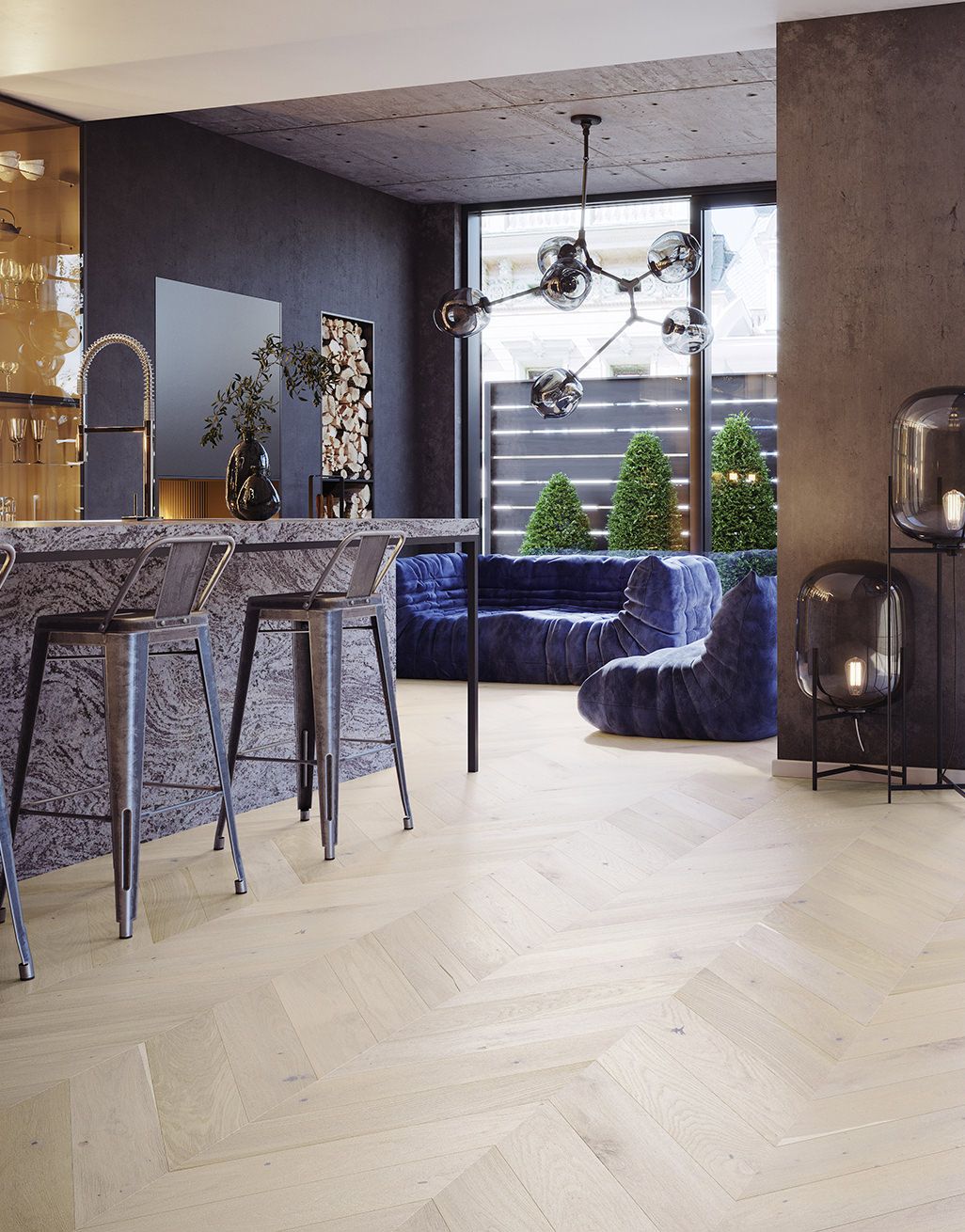 Chelsea Chevron - Cappuccino Oak Brushed & Lacquered Engineered Wood Flooring 14mm x 130mm x 725mm
