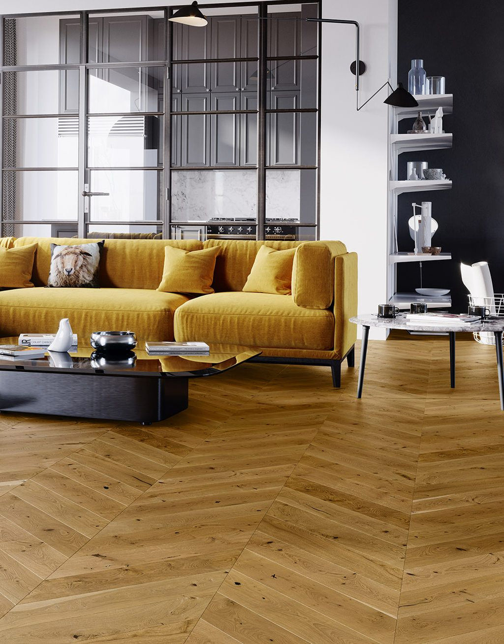 Chelsea Chevron - Golden Oak Brushed & Lacquered Engineered Wood Flooring 14mm x 130mm x 725mm