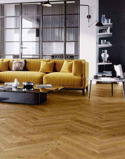 Chelsea Chevron - Golden Oak Brushed & Lacquered Engineered Wood Flooring 14mm x 130mm x 725mm