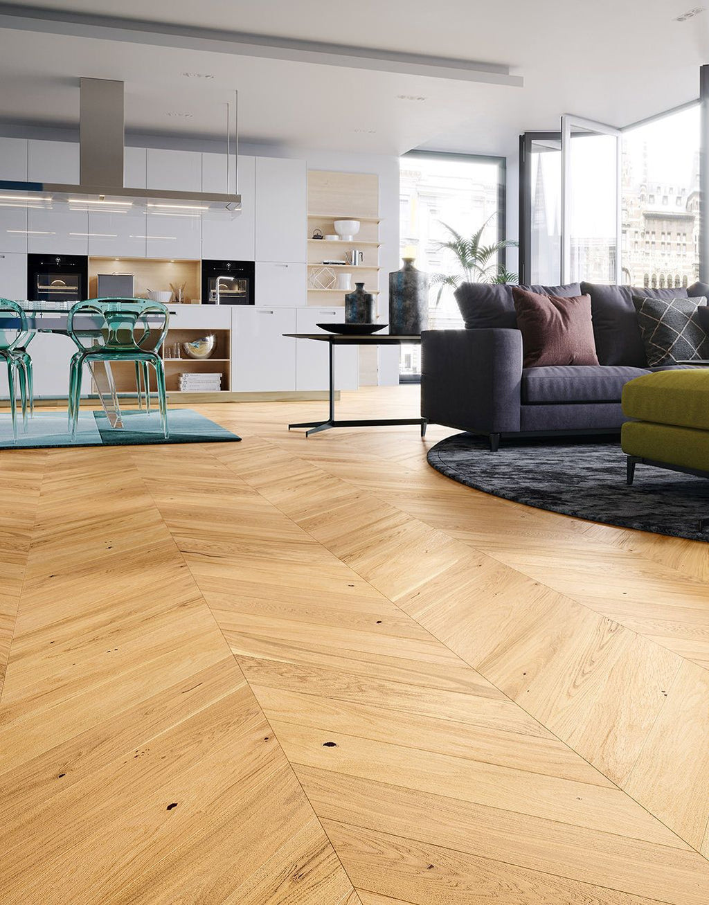 Chelsea Chevron - Natural Oak Brushed & Lacquered Engineered Wood Flooring 14mm x 130mm x 725mm